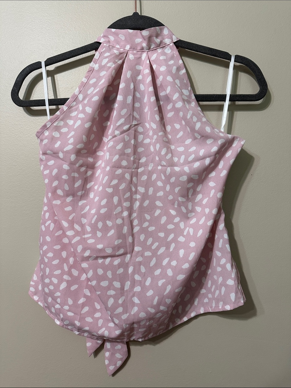 SHEIN Pink Halter Tie-Back Camisole with White Spot Print